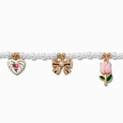 Floral & Bow Charm Pearl Choker Necklace