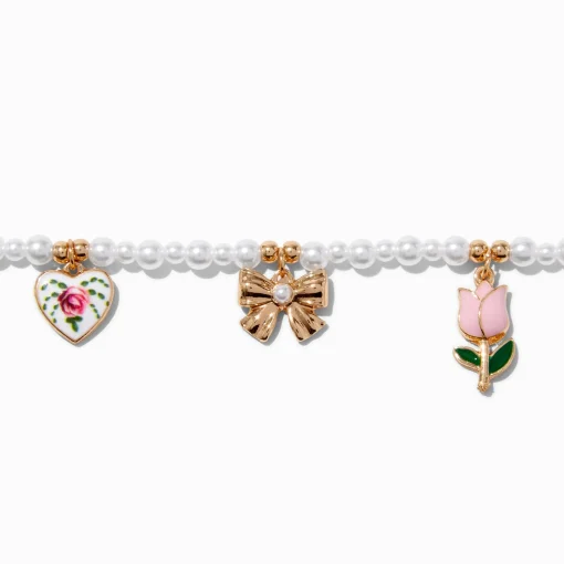 Floral & Bow Charm Pearl Choker Necklace