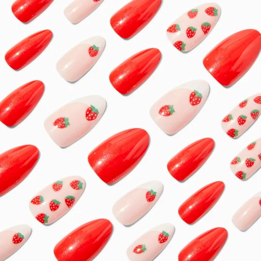 French Strawberry Stiletto Vegan Faux Nail Set - 24 Pack