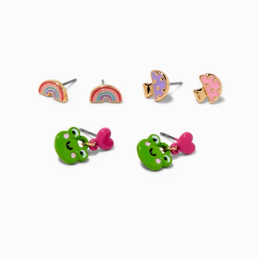 Frog, Mushroom, & Rainbow Stud Earrings - 3 Pack