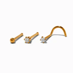 20G Gold-tone Stainless Steel Cubic Zirconia Nose Studs - 3 Pack