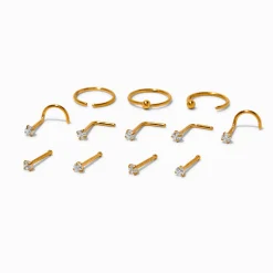 20G Gold-tone Stainless Steel Cubic Zirconia Nose Studs & Hoop - 12 Pack