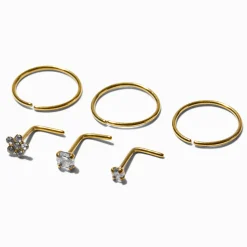 20G Gold-tone Stainless Steel Crystal Daisy & Square Nose Studs & Rings - 6 Pack