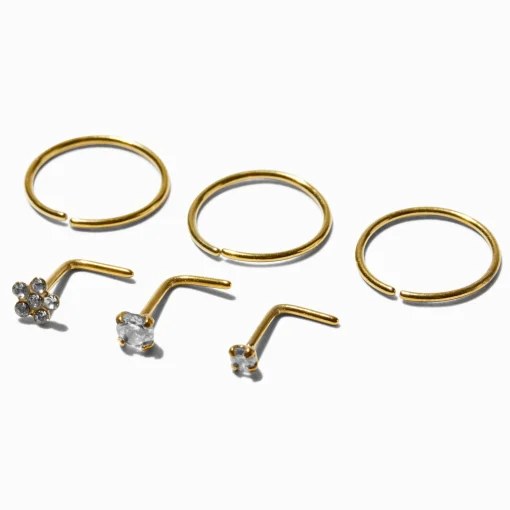 20G Gold-tone Stainless Steel Crystal Daisy & Square Nose Studs & Rings - 6 Pack
