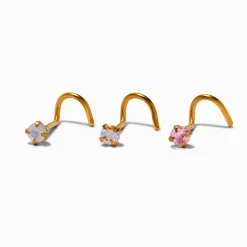 20G Gold-tone Stainless Steel Cubic Zirconia Iridescent AB Mixed Nose Studs - 3 Pack