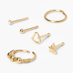 20G Gold-tone Stainless Steel Star Heart Mixed Nose Rings - 6 Pack