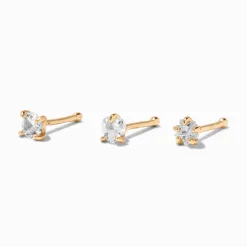 20G Gold-tone Stainless Steel Heart, Star, & Circle Crystal Nose Studs - 3 Pack