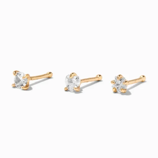 20G Gold-tone Stainless Steel Heart, Star, & Circle Crystal Nose Studs - 3 Pack