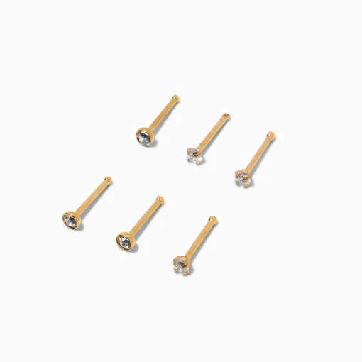 20G Gold-tone Stainless Steel Cubic Zirconia Nose Studs - 6 Pack