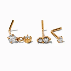 20G Gold-tone Stainless Steel Cubic Zirconia Dangle Nose Studs - 3 Pack