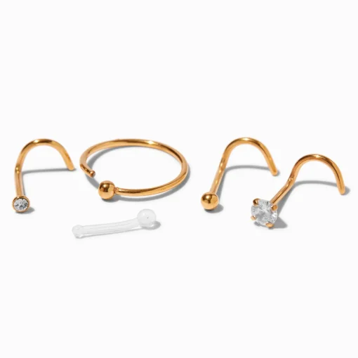 20G Gold-tone Stainless Steel Mixed Nose Studs & Hoop - 6 Pack