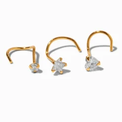 22G Gold-tone Sterling Silver Mixed Crystal Nose Studs - 3 Pack