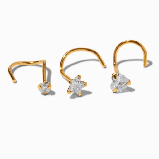 22G Gold-tone Sterling Silver Mixed Crystal Nose Studs - 3 Pack