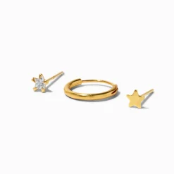 22G Gold-tone Sterling Silver Cubic Zirconia Star Stud & Nose Rings - 3 Pack