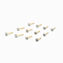 22G Gold-tone Sterling Silver Assorted Crystal Nose Studs - 12 Pack