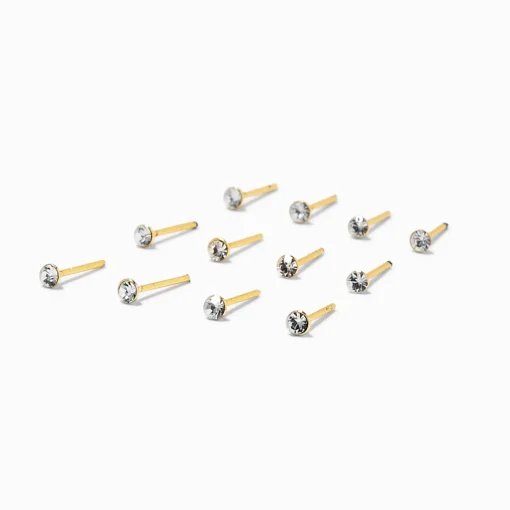 22G Gold-tone Sterling Silver Assorted Crystal Nose Studs - 12 Pack