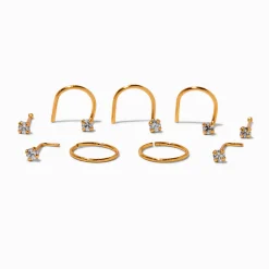 22G Gold-tone Sterling Silver Cubic Zirconia Nose Studs & Rings - 9 Pack