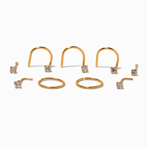 22G Gold-tone Sterling Silver Cubic Zirconia Nose Studs & Rings - 9 Pack