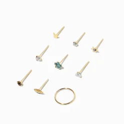 22G Gold-tone Sterling Silver Flower Nose Studs & Hoop - 9 Pack