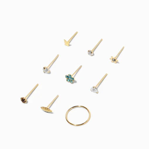 22G Gold-tone Sterling Silver Flower Nose Studs & Hoop - 9 Pack