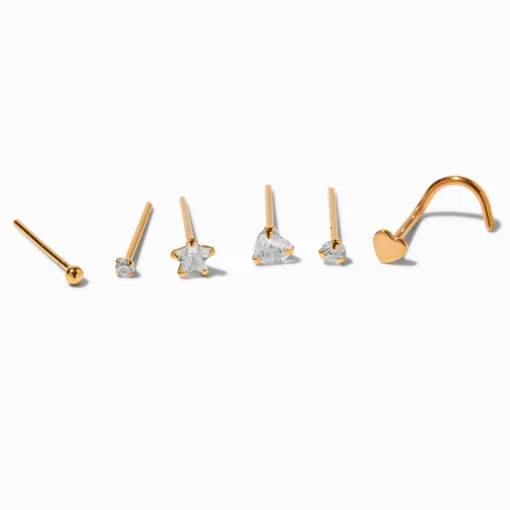 22G Gold-tone Sterling Silver Mixed Crystal Nose Studs - 6 Pack