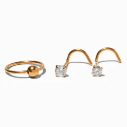20G Gold-tone Titanium Crystal Nose Stud & Hoops - 3 Pack