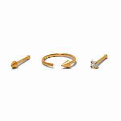 20G Gold-tone Titanium Cubic Zirconia Spike Nose Studs & Hoop - 3 Pack