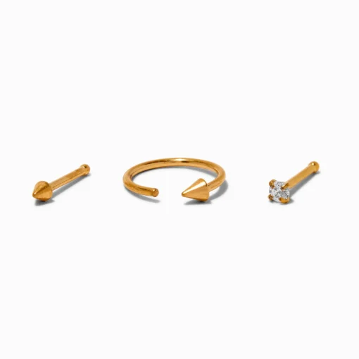 20G Gold-tone Titanium Cubic Zirconia Spike Nose Studs & Hoop - 3 Pack