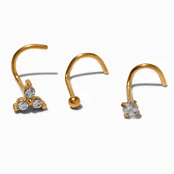 20G Gold-tone Titanium Cubic Zirconia Geometric Nose Studs - 3 Pack