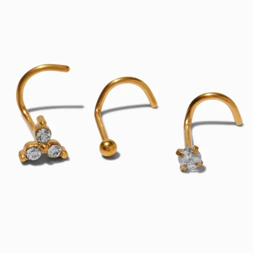 20G Gold-tone Titanium Cubic Zirconia Geometric Nose Studs - 3 Pack