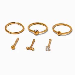 20G Gold-tone Titanium Cubic Zirconia Nose Studs & Hoops - 6 Pack