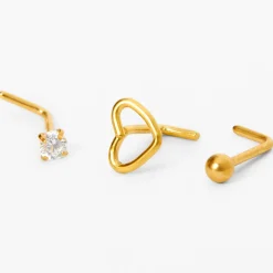 20G Gold-tone Titanium Open Heart & Mixed Stud Nose Studs - 3 Pack