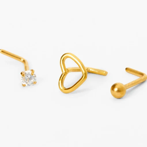 20G Gold-tone Titanium Open Heart & Mixed Stud Nose Studs - 3 Pack