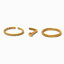 18G 18k Gold Plated Titanium 18G Nose Stud & Mixed Hoops - 3 Pack