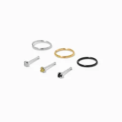 20G Mixed Metal Stainless Steel Crystal Nose Studs & Hoops - 6 Pack