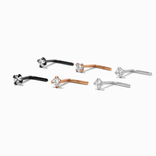 20G Mixed Metal Stainless Steel Cubic Zirconia Ball Nose Studs - 6 Pack