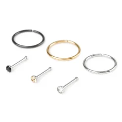 20G Mixed Metal Stainless Steel Hoops & Crystal Nose Studs - 6 Pack