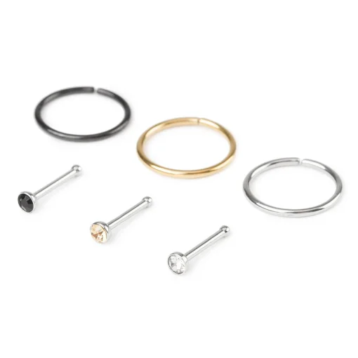 20G Mixed Metal Stainless Steel Hoops & Crystal Nose Studs - 6 Pack