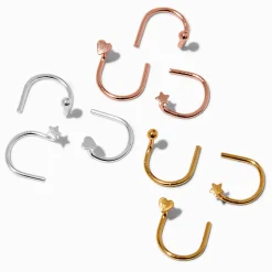 22G Mixed Metal Sterling Silver Star, Hearts, & Balls U-Shaped Nose Studs - 9 Pack