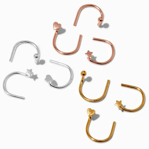 22G Mixed Metal Sterling Silver Star, Hearts, & Balls U-Shaped Nose Studs - 9 Pack