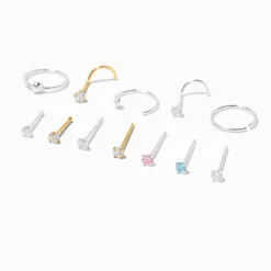 22G Mixed Metal Sterling Silver Cubic Zirconia Nose Studs & Hoop - 12 Pack