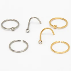 20G Mixed Metal Titanium Crystal Ball Nose Rings - 6 Pack