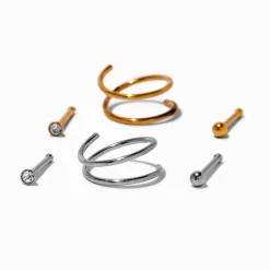20G Mixed Metal Titanium Cubic Zirconia Nose Studs & Double Hoops - 6 Pack