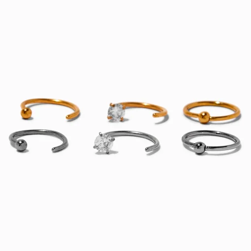 20G Mixed Metal Titanium Cubic Zirconia Nose Hoops - 6 Pack