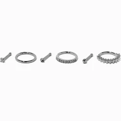 18G Silver-tone Stainless Steel Cubic Zirconia Basic Stud & Hoop Nose Rings - 6 Pack