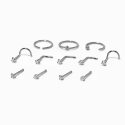 20G Silver-tone Stainless Steel Cubic Zirconia Nose Studs & Hoop - 12 Pack