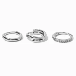 18G Silver-tone Stainless Steel Cubic Zirconia Twist Nose Hoops - 3 Pack