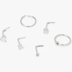 20G Silver-tone Stainless Steel Star Heart Mixed Nose Rings - 6 Pack