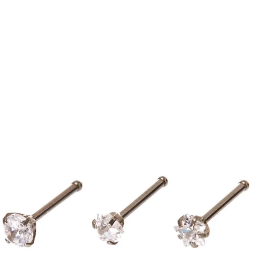 20G Silver-tone Stainless Steel Cubic Zirconia Mixed Shape Nose Studs - 3 Pack