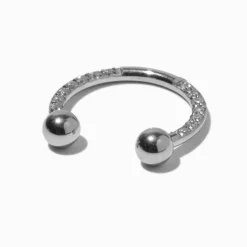 16G Silver-tone Stainless Steel Cubic Zirconia Horseshoe Septum Nose Ring